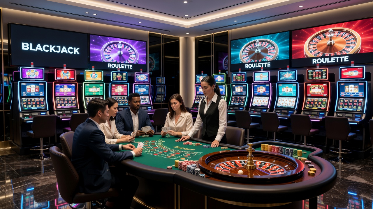 Digitale Slot-Maschinen mit bunten Grafiken und Jackpot-Anzeigen in einer modernen Casino-Umgebung